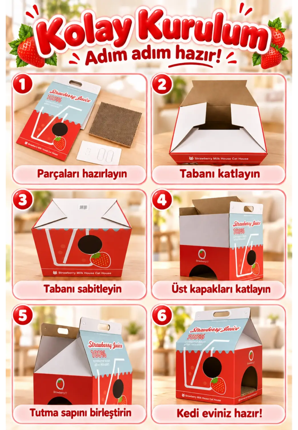 Çilek Desenli Karton Kedi Evi – Katlanabilir Süt Kutusu Tasarımı, Tırmalama Pedi Hediyeli Sempatik Kevi Yuvası