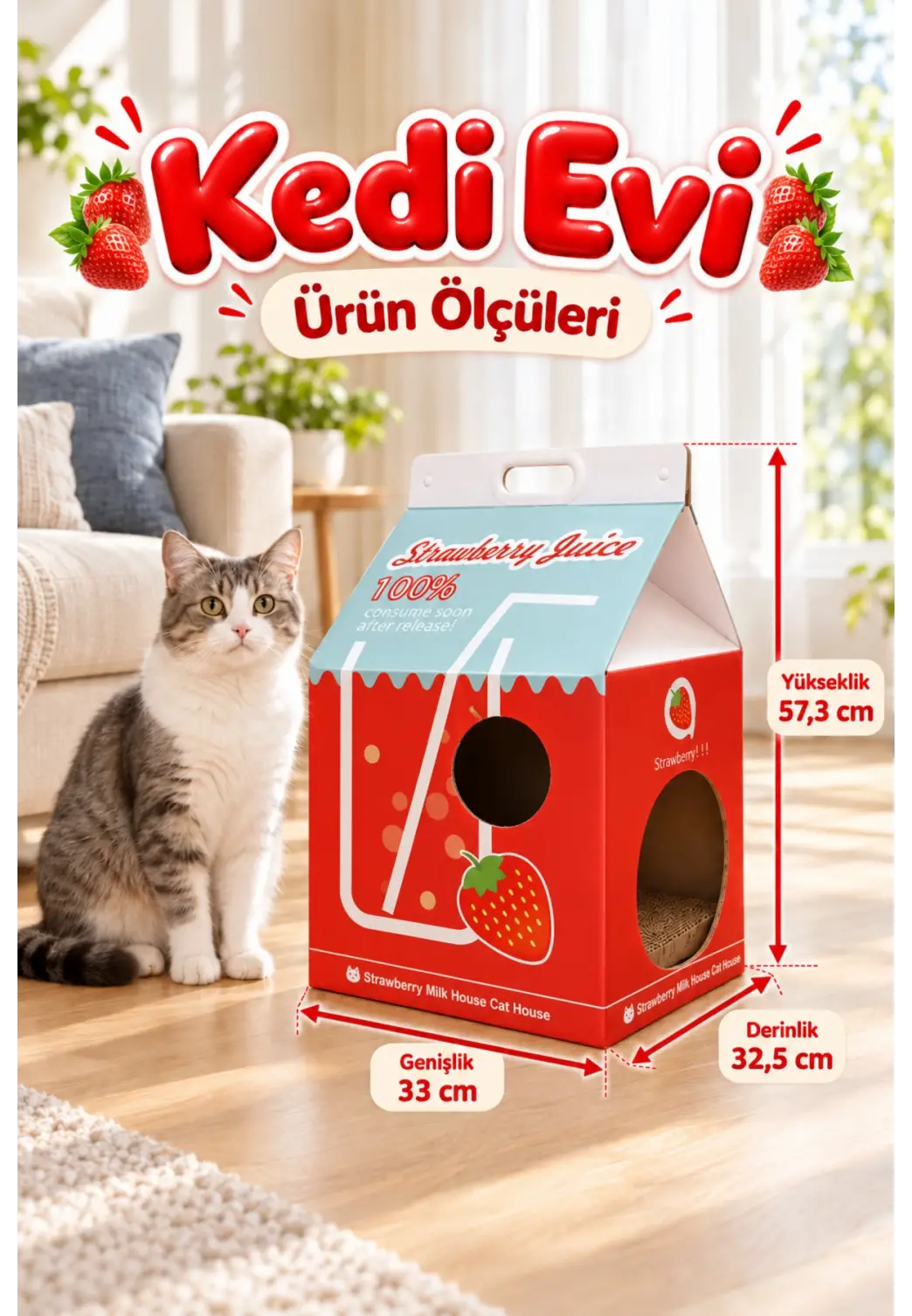 Çilek Desenli Karton Kedi Evi – Katlanabilir Süt Kutusu Tasarımı, Tırmalama Pedi Hediyeli Sempatik Kevi Yuvası
