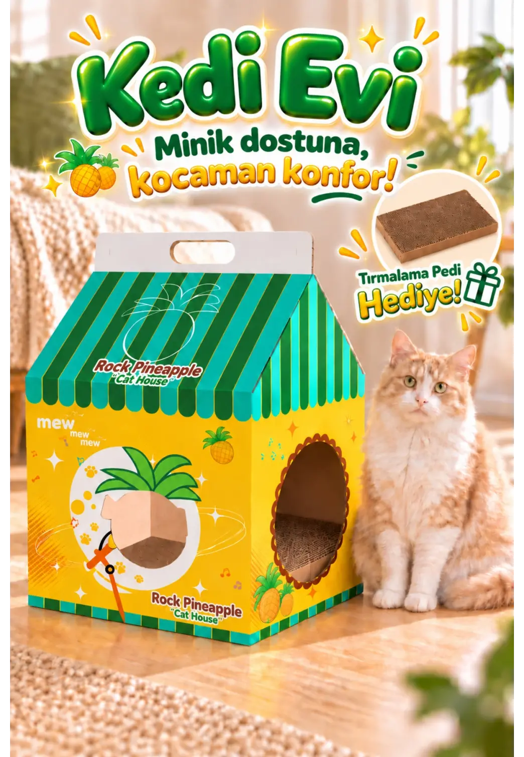Ananas Desenli Karton Kedi Evi – Katlanabilir Süt Kutusu Tasarımı, Tırmalama Pedi Hediyeli Sempatik Kedi Yuvası