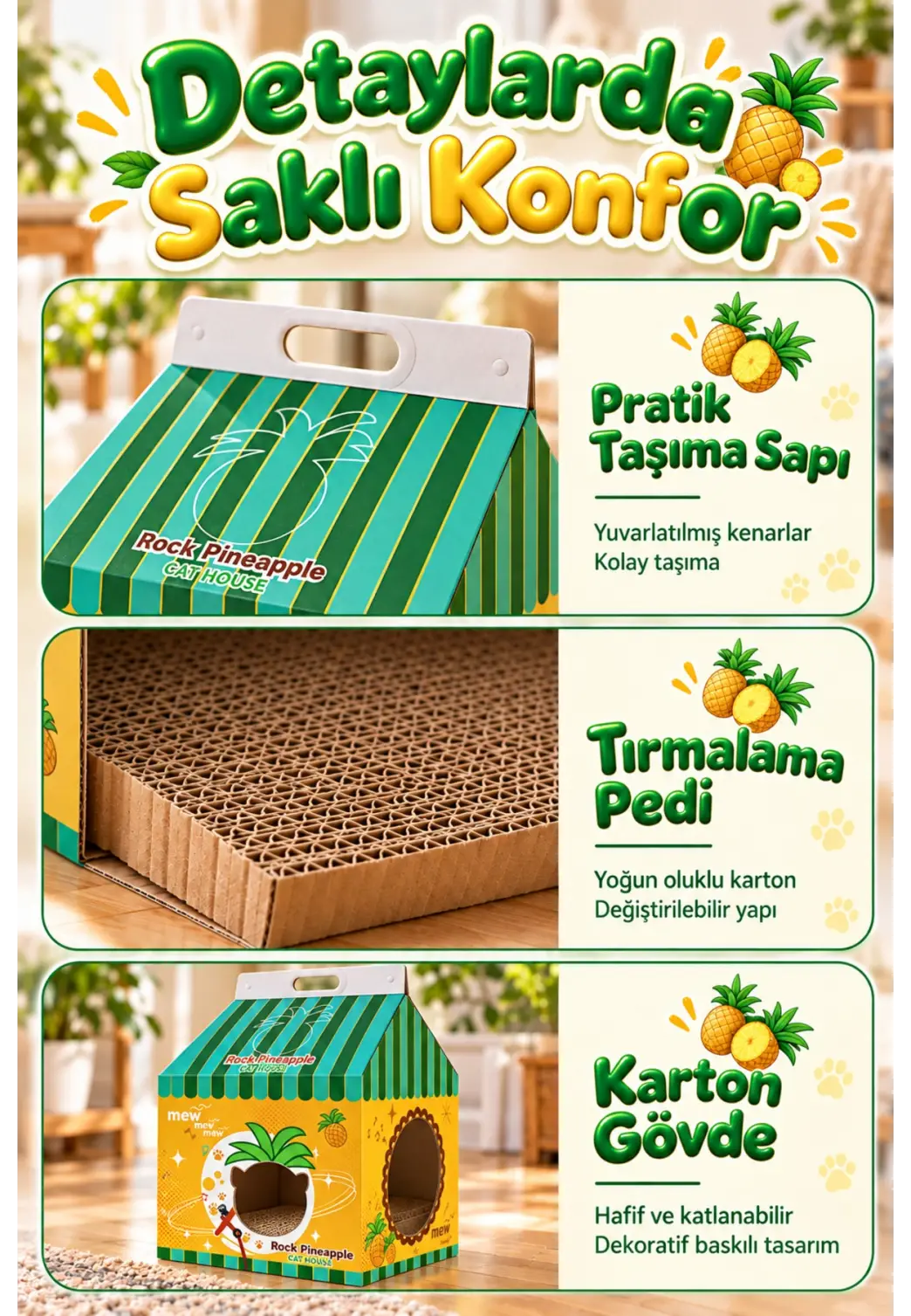 Ananas Desenli Karton Kedi Evi – Katlanabilir Süt Kutusu Tasarımı, Tırmalama Pedi Hediyeli Sempatik Kedi Yuvası
