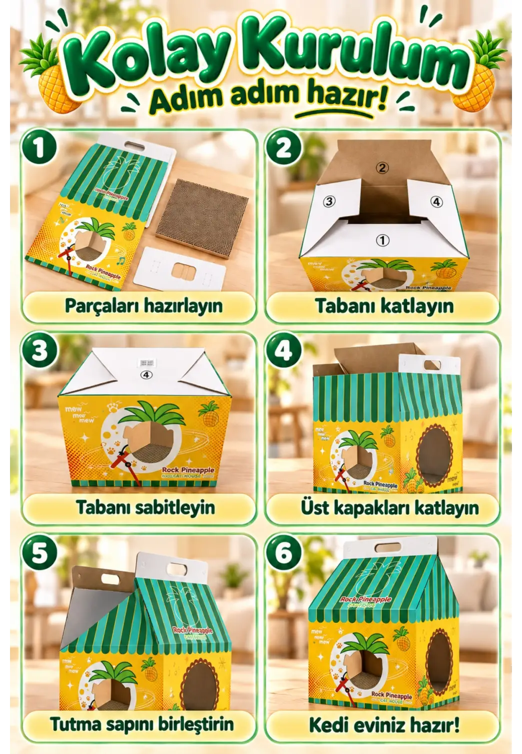 Ananas Desenli Karton Kedi Evi – Katlanabilir Süt Kutusu Tasarımı, Tırmalama Pedi Hediyeli Sempatik Kedi Yuvası