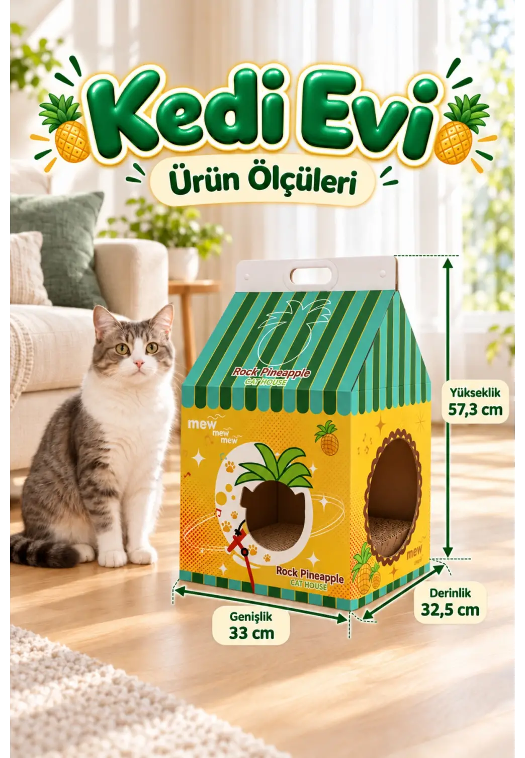 Ananas Desenli Karton Kedi Evi – Katlanabilir Süt Kutusu Tasarımı, Tırmalama Pedi Hediyeli Sempatik Kedi Yuvası