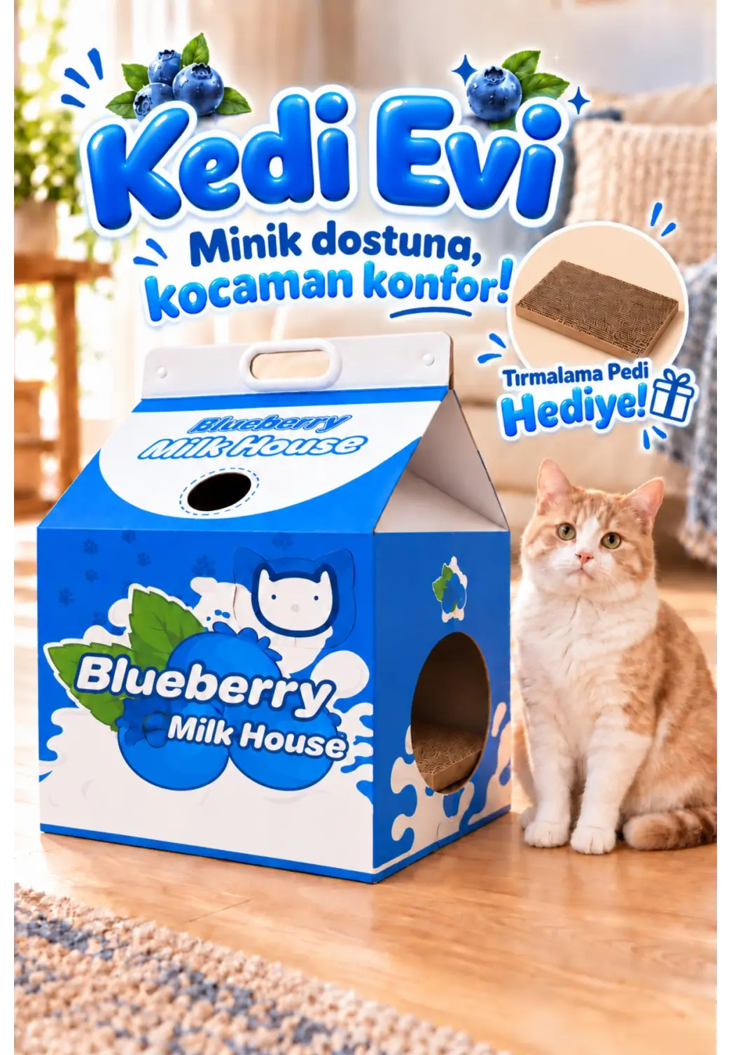 Karton Kedi Evi – Yaban Mersini Katlanabilir Süt Kutusu Tasarımı, Tırmalama Pedi Hediyeli Sempatik Kedi Evi