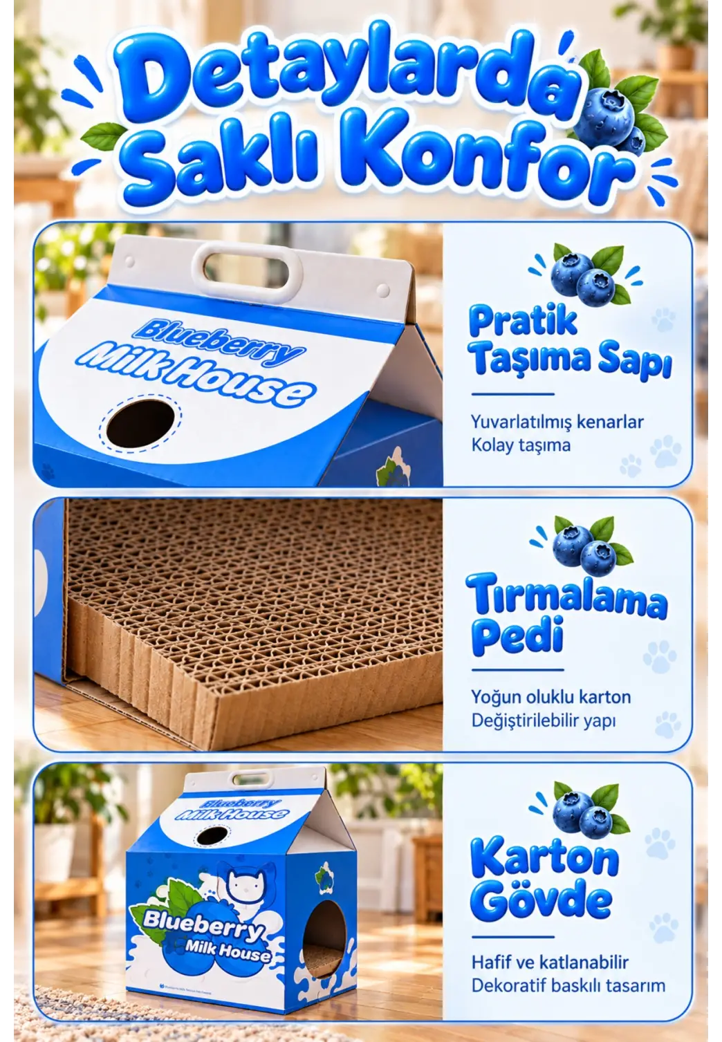 Karton Kedi Evi – Yaban Mersini Katlanabilir Süt Kutusu Tasarımı, Tırmalama Pedi Hediyeli Sempatik Kedi Evi