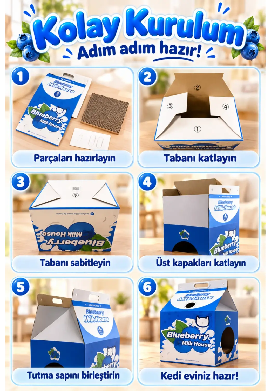 Karton Kedi Evi – Yaban Mersini Katlanabilir Süt Kutusu Tasarımı, Tırmalama Pedi Hediyeli Sempatik Kedi Evi