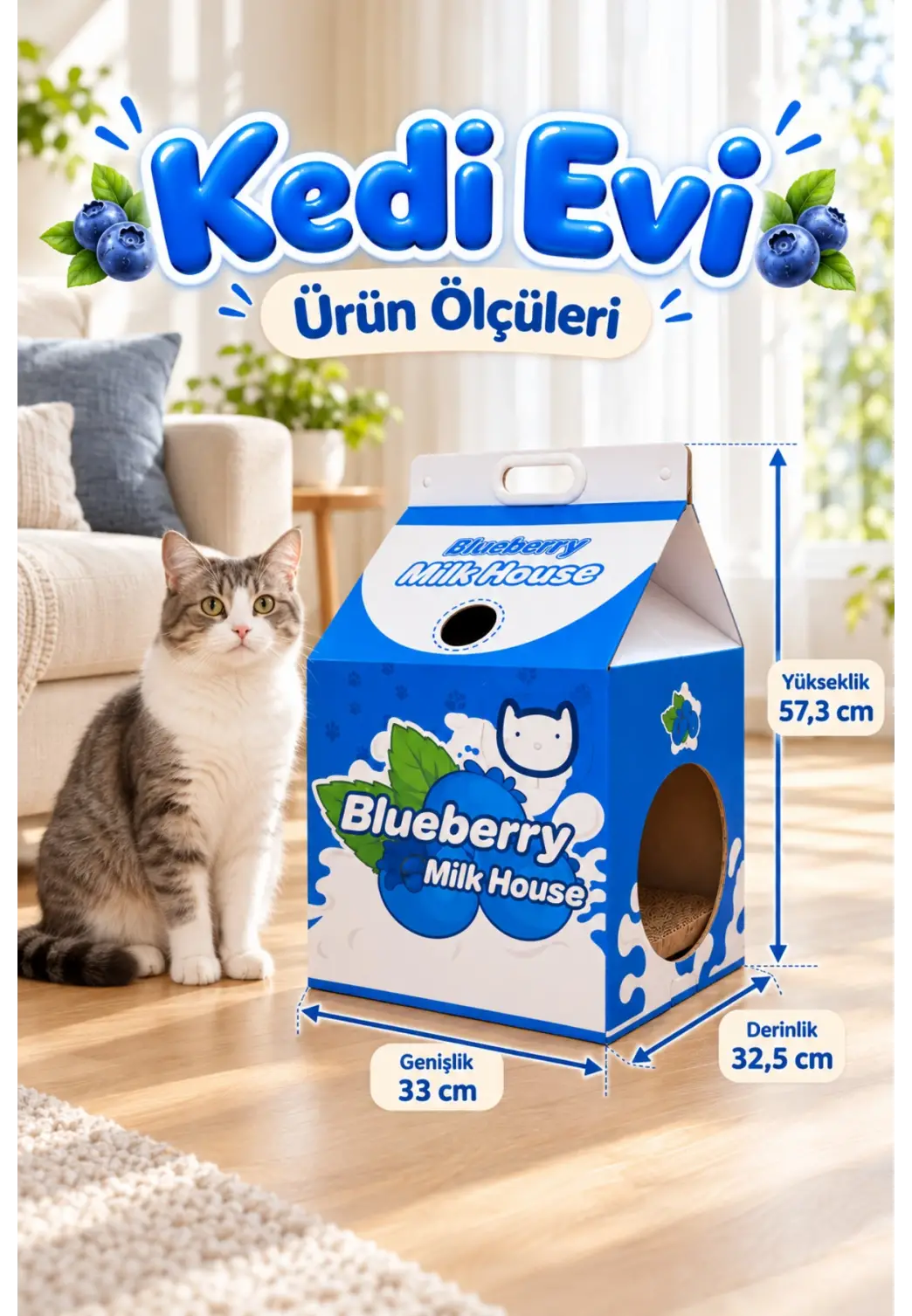 Karton Kedi Evi – Yaban Mersini Katlanabilir Süt Kutusu Tasarımı, Tırmalama Pedi Hediyeli Sempatik Kedi Evi