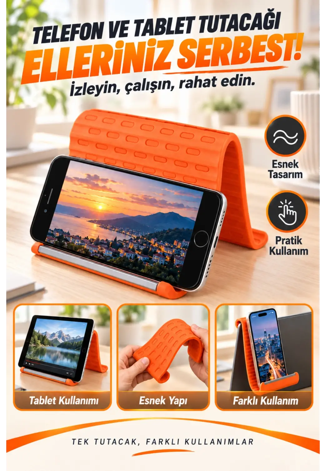 Esnek Silikon Telefon ve Tablet Tutacağı – Şekil Verilebilir Masaüstü Standı, Turuncu