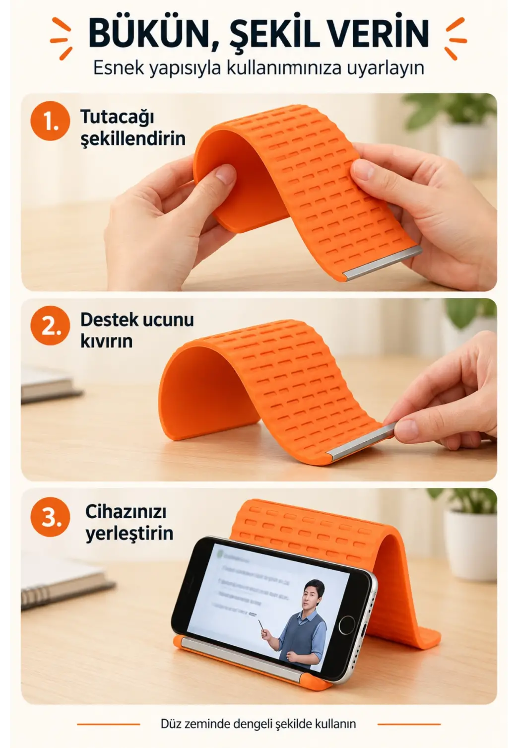 Esnek Silikon Telefon ve Tablet Tutacağı – Şekil Verilebilir Masaüstü Standı, Turuncu