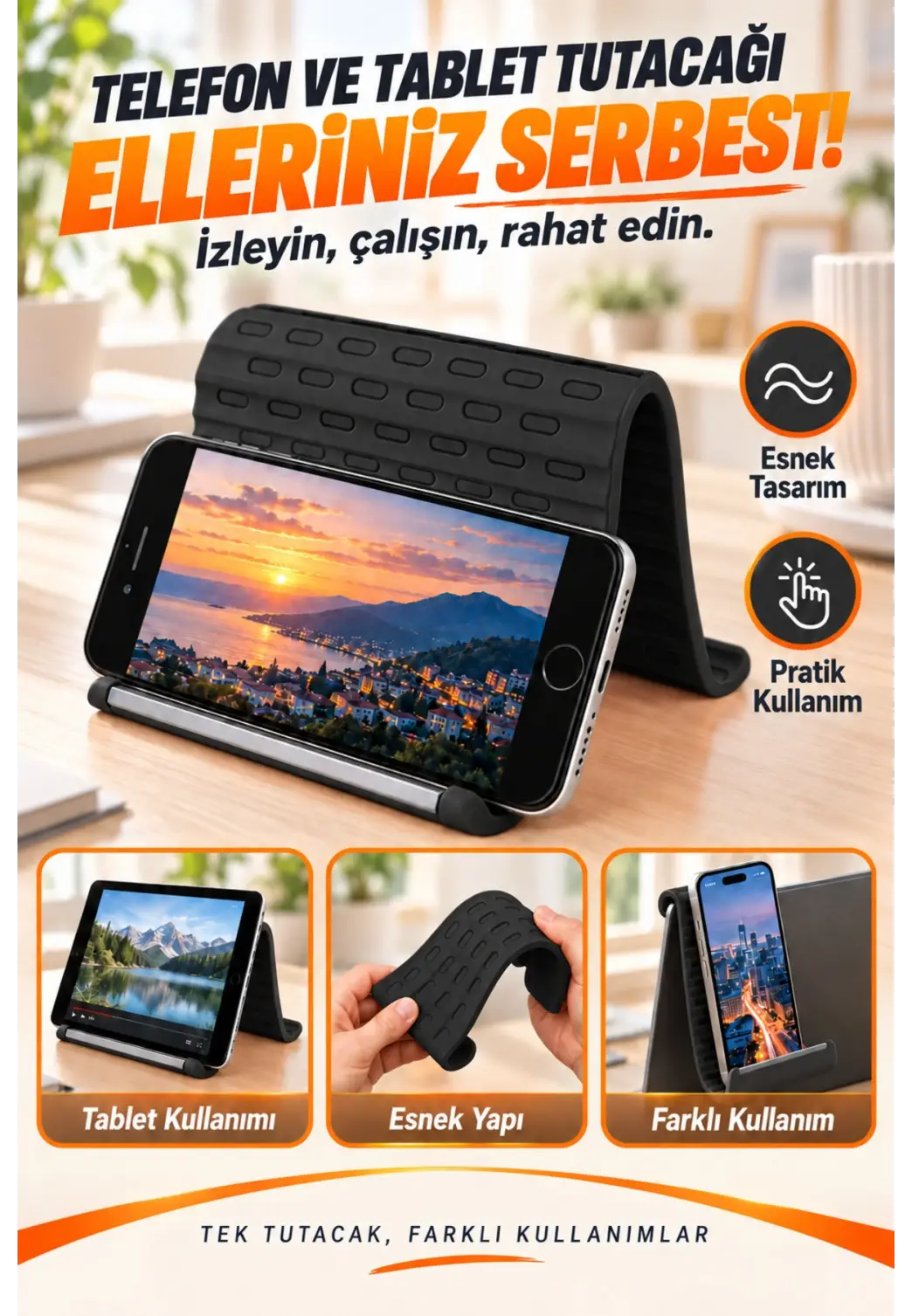 Esnek Silikon Telefon ve Tablet Tutacağı – Şekil Verilebilir Masaüstü Standı, SİYAH