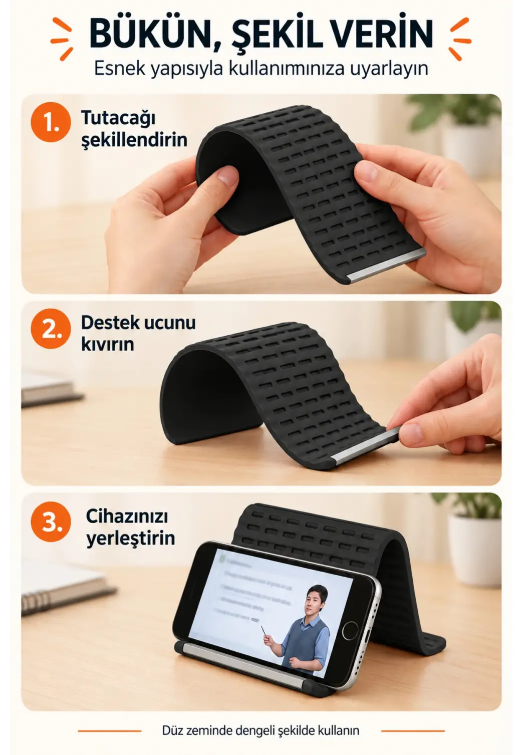 Esnek Silikon Telefon ve Tablet Tutacağı – Şekil Verilebilir Masaüstü Standı, SİYAH