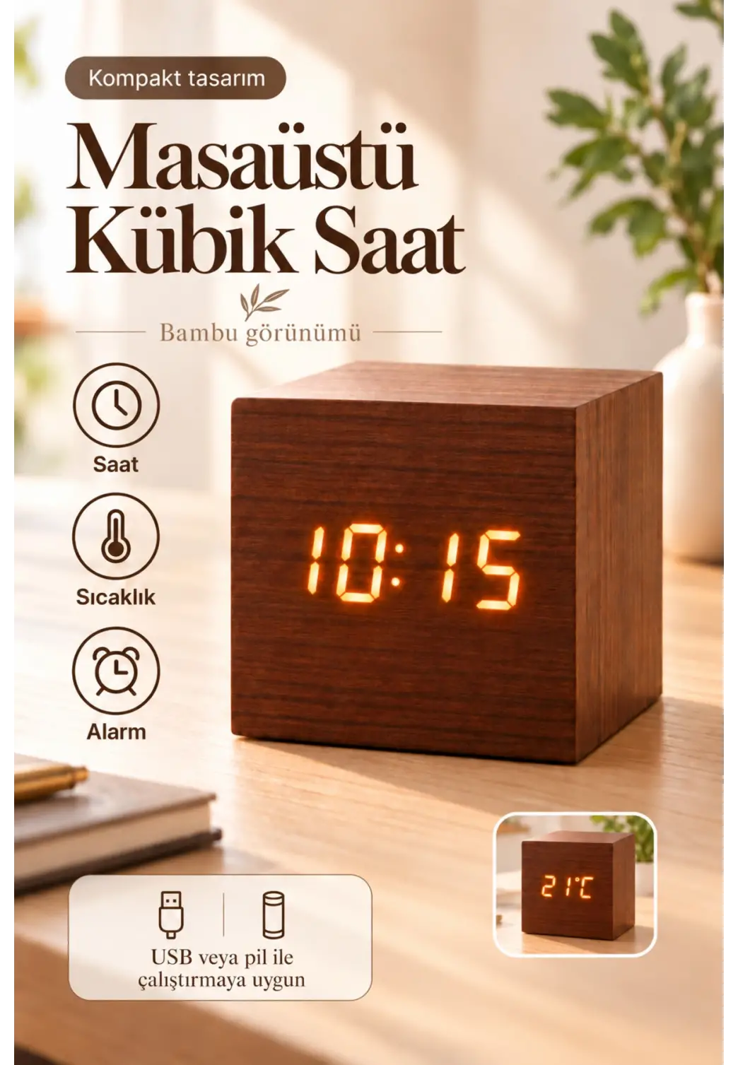 Ahşap Dijital Kübik Masa Saati Termometre ve Alarm