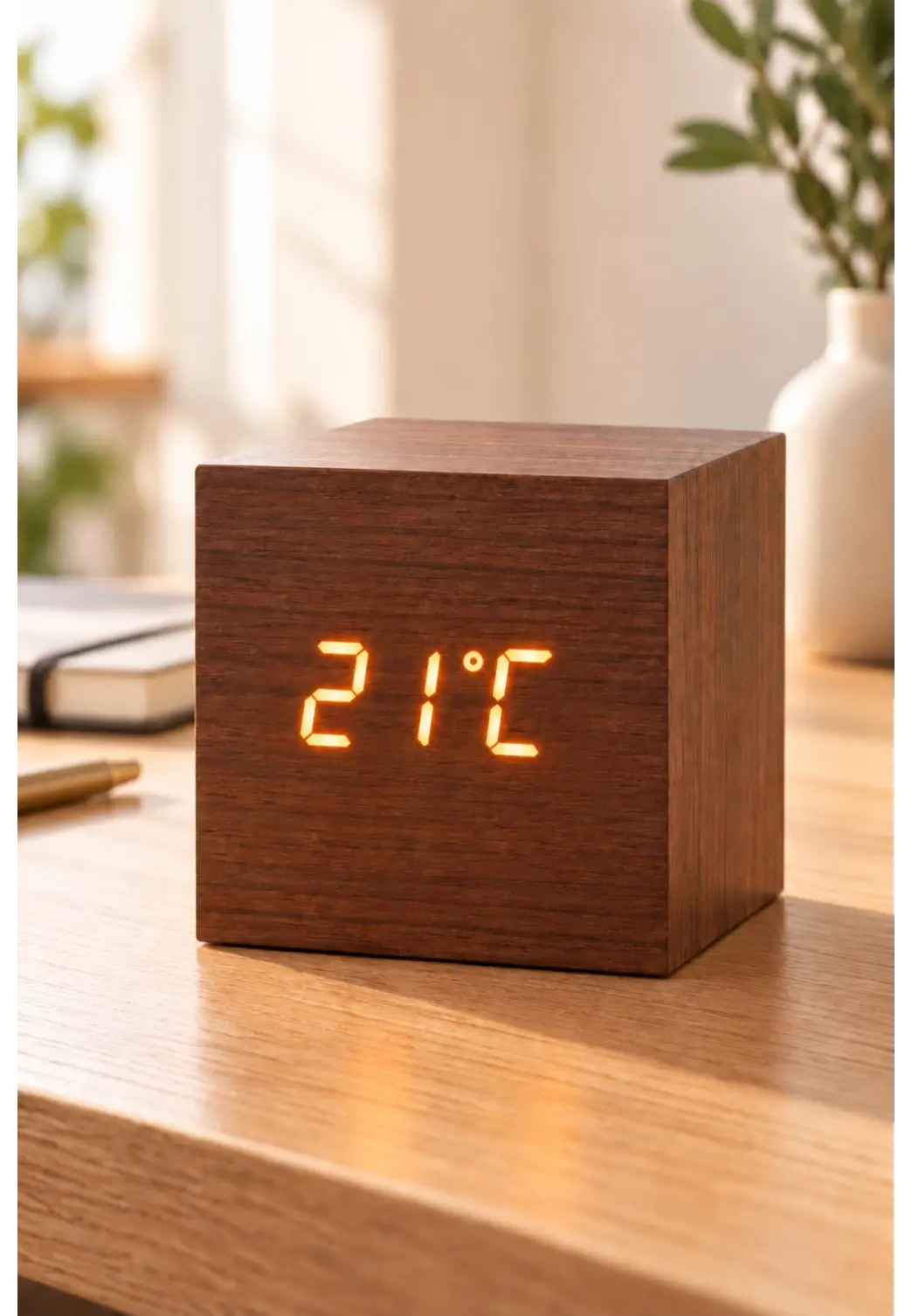 Ahşap Dijital Kübik Masa Saati Termometre ve Alarm