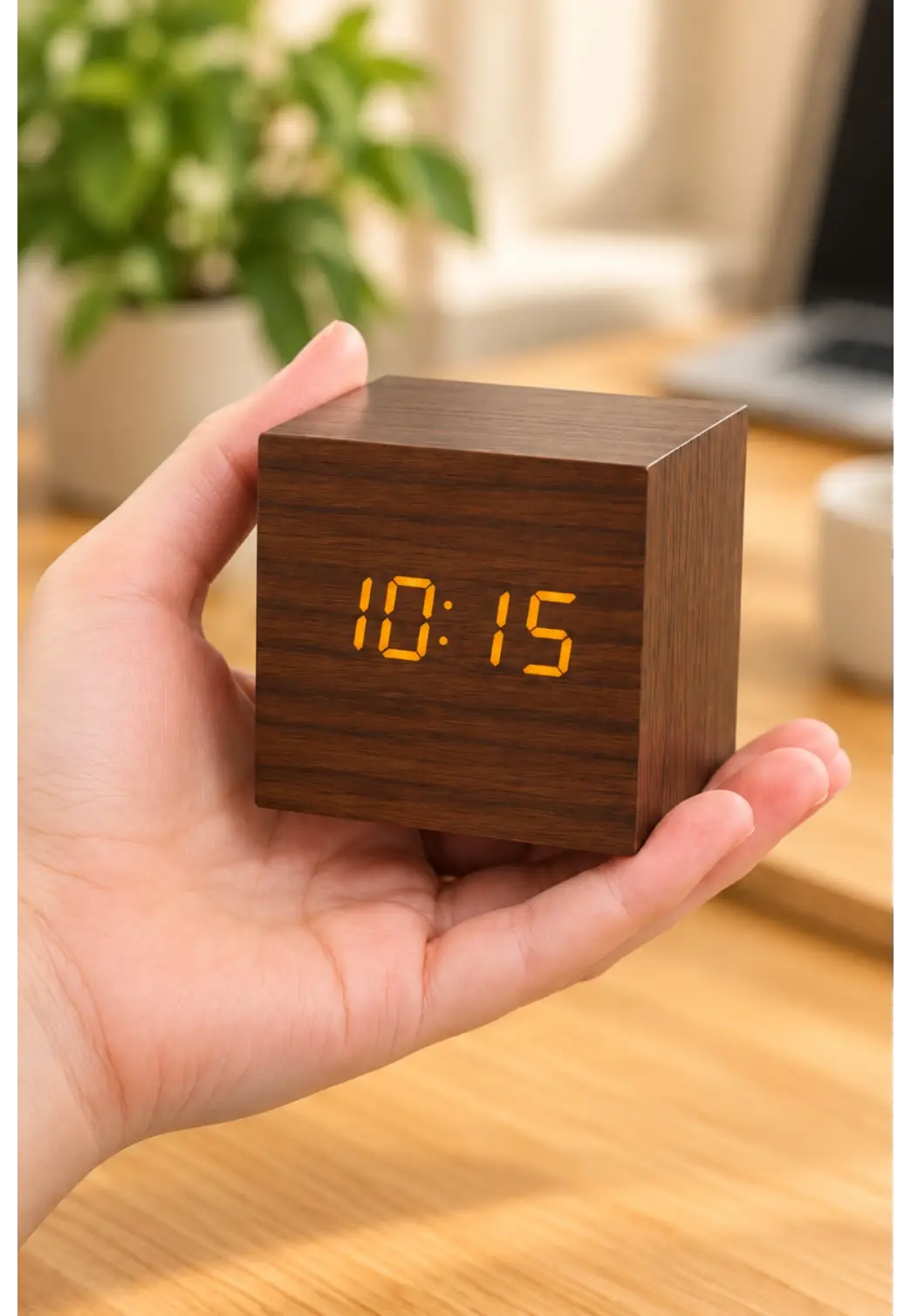 Ahşap Dijital Kübik Masa Saati Termometre ve Alarm