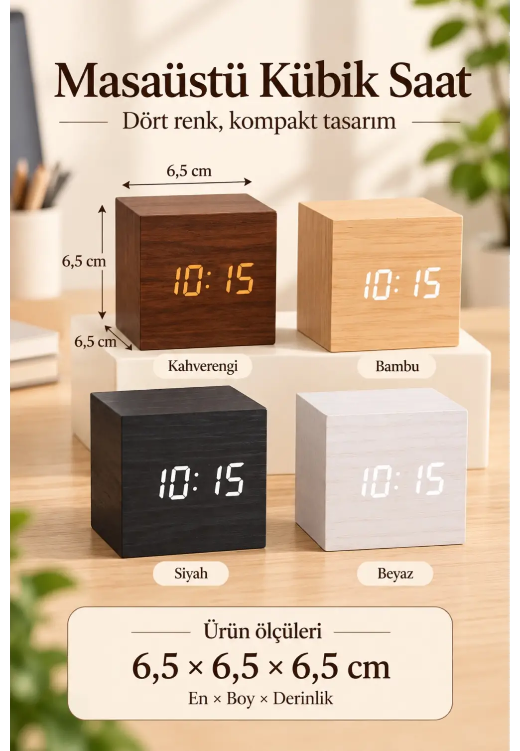 Ahşap Dijital Kübik Masa Saati Termometre ve Alarm