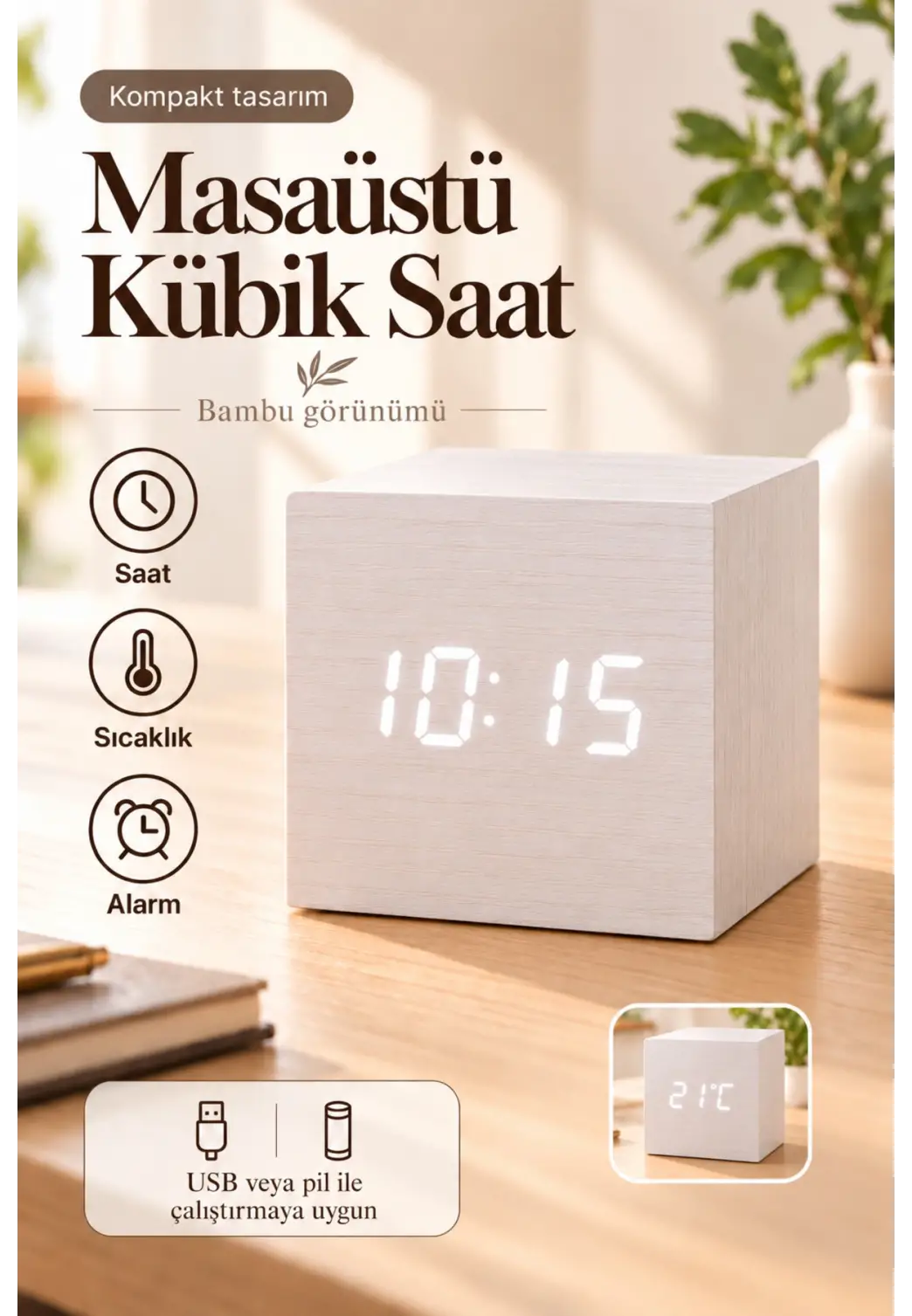 Ahşap Dijital Kübik Masa Saati Termometre ve Alarm