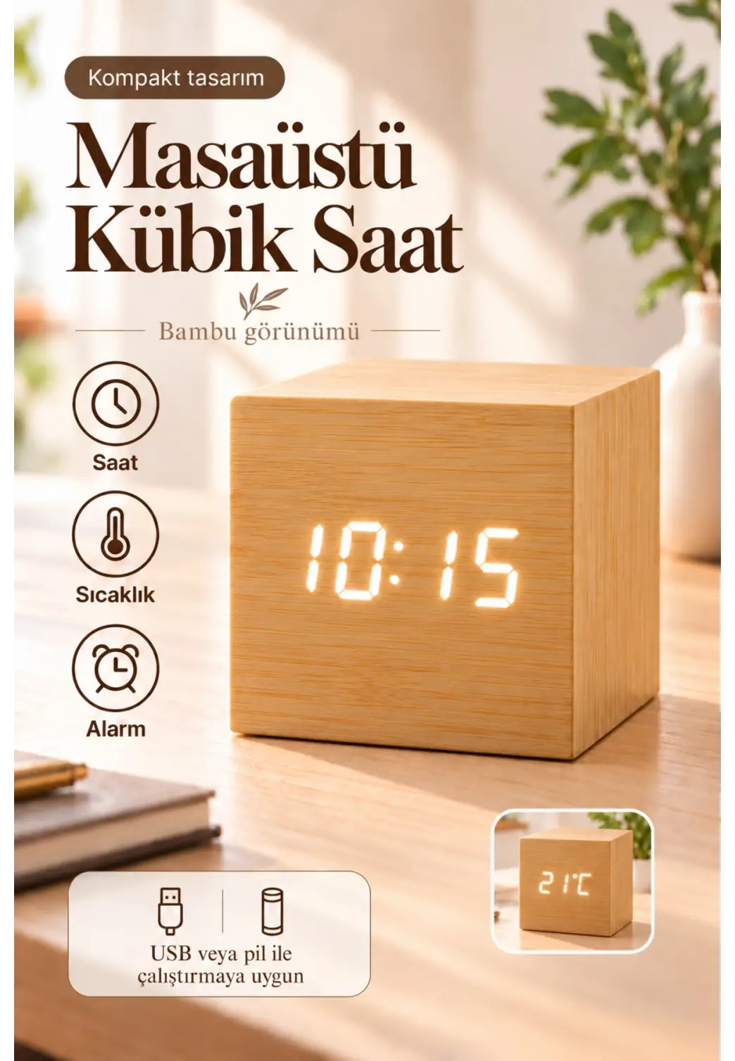 Ahşap Dijital Kübik Masa Saati Termometre ve Alarm