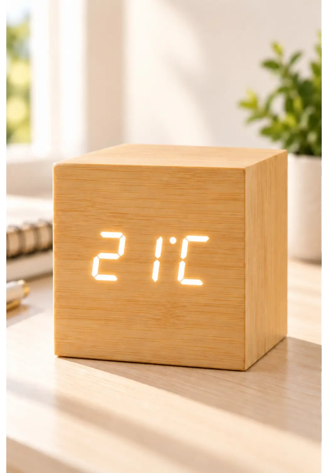 Ahşap Dijital Kübik Masa Saati Termometre ve Alarm