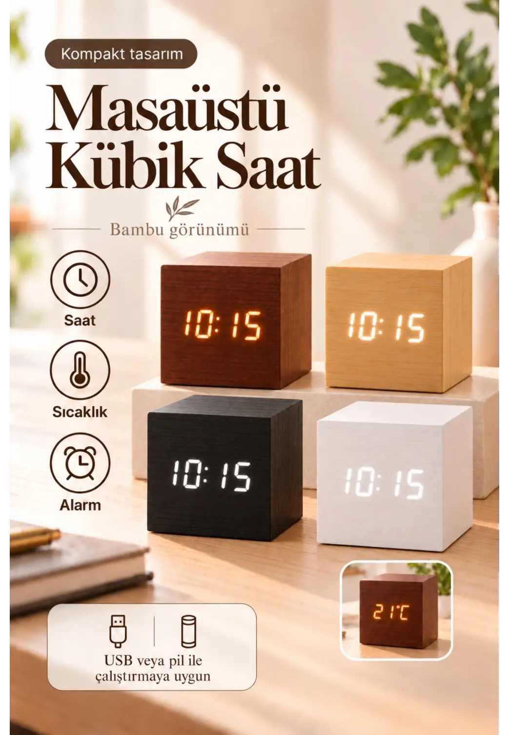 Ahşap Dijital Kübik Masa Saati Termometre ve Alarm