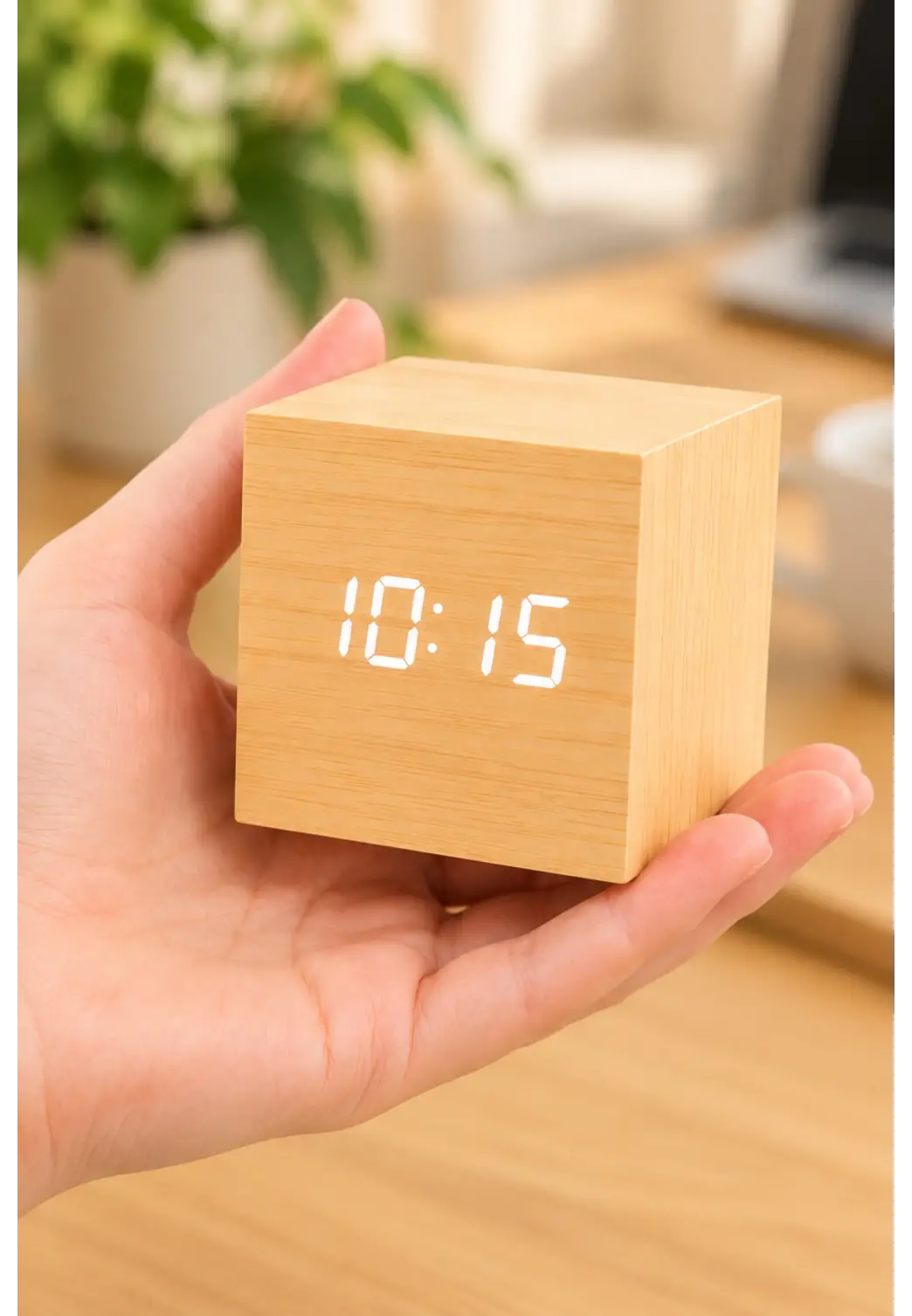 Ahşap Dijital Kübik Masa Saati Termometre ve Alarm