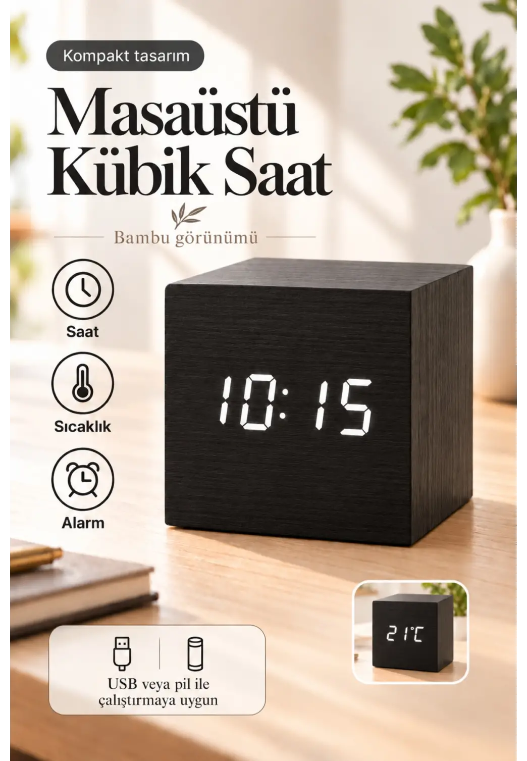 Ahşap Dijital Kübik Masa Saati Termometre ve Alarm