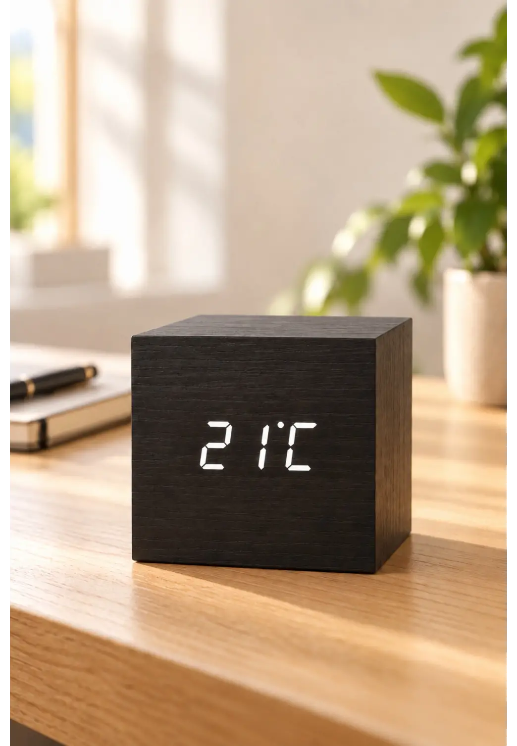 Ahşap Dijital Kübik Masa Saati Termometre ve Alarm