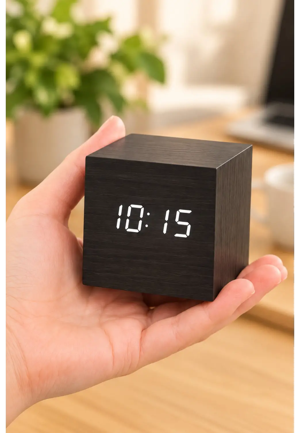Ahşap Dijital Kübik Masa Saati Termometre ve Alarm