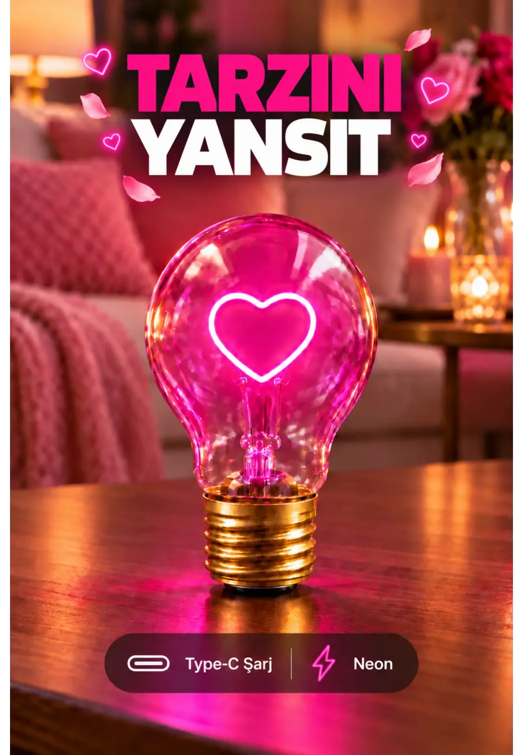 Kalp Şeklinde Neon Dekoratif Masa Lambası Ampul Şeklinde Yeni Nesil Aydınlatma Pembe
