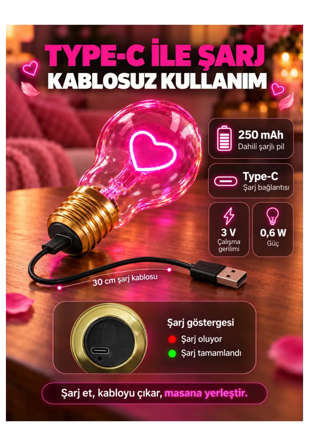 Kalp Şeklinde Neon Dekoratif Masa Lambası Ampul Şeklinde Yeni Nesil Aydınlatma Pembe