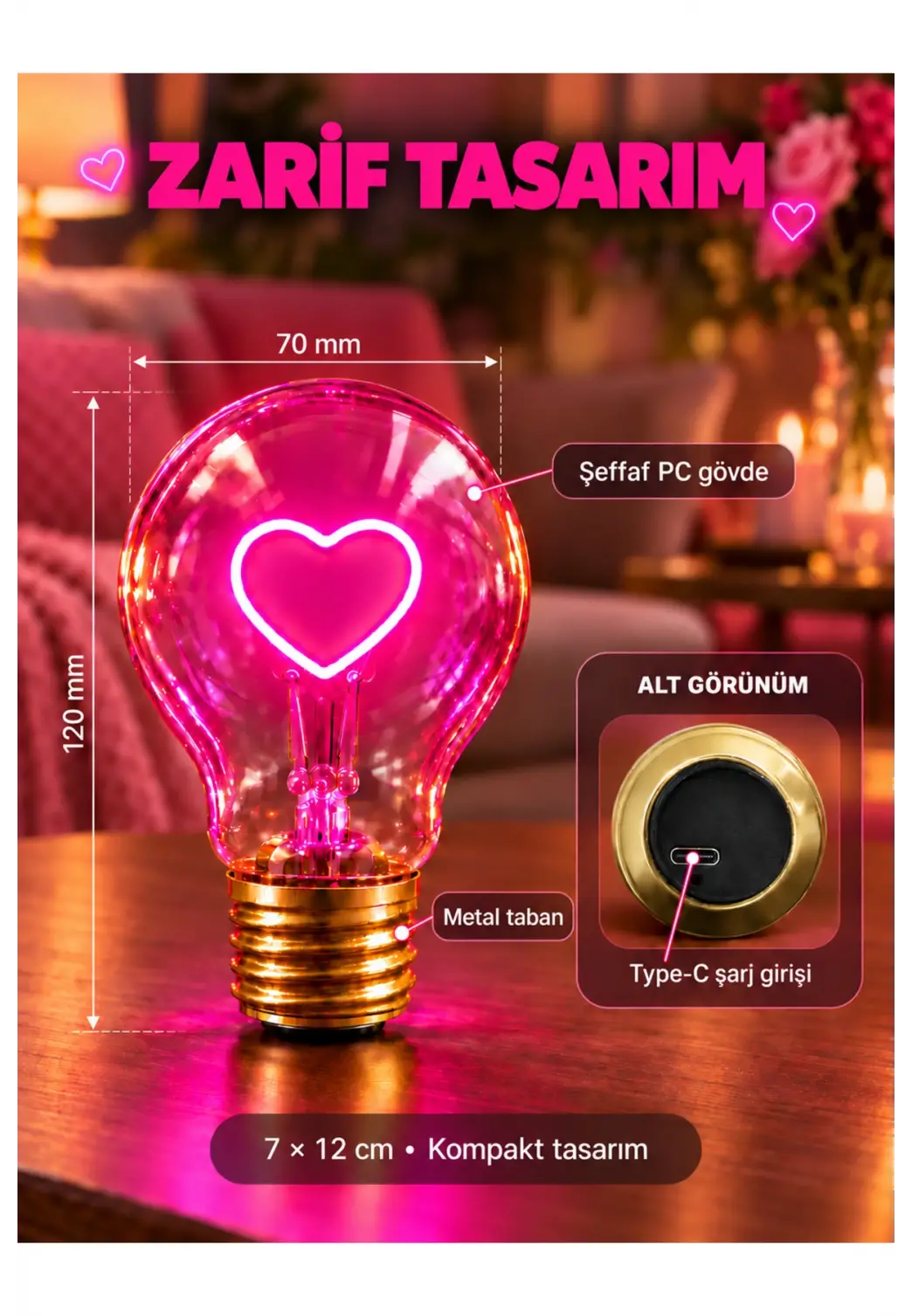 Kalp Şeklinde Neon Dekoratif Masa Lambası Ampul Şeklinde Yeni Nesil Aydınlatma Pembe