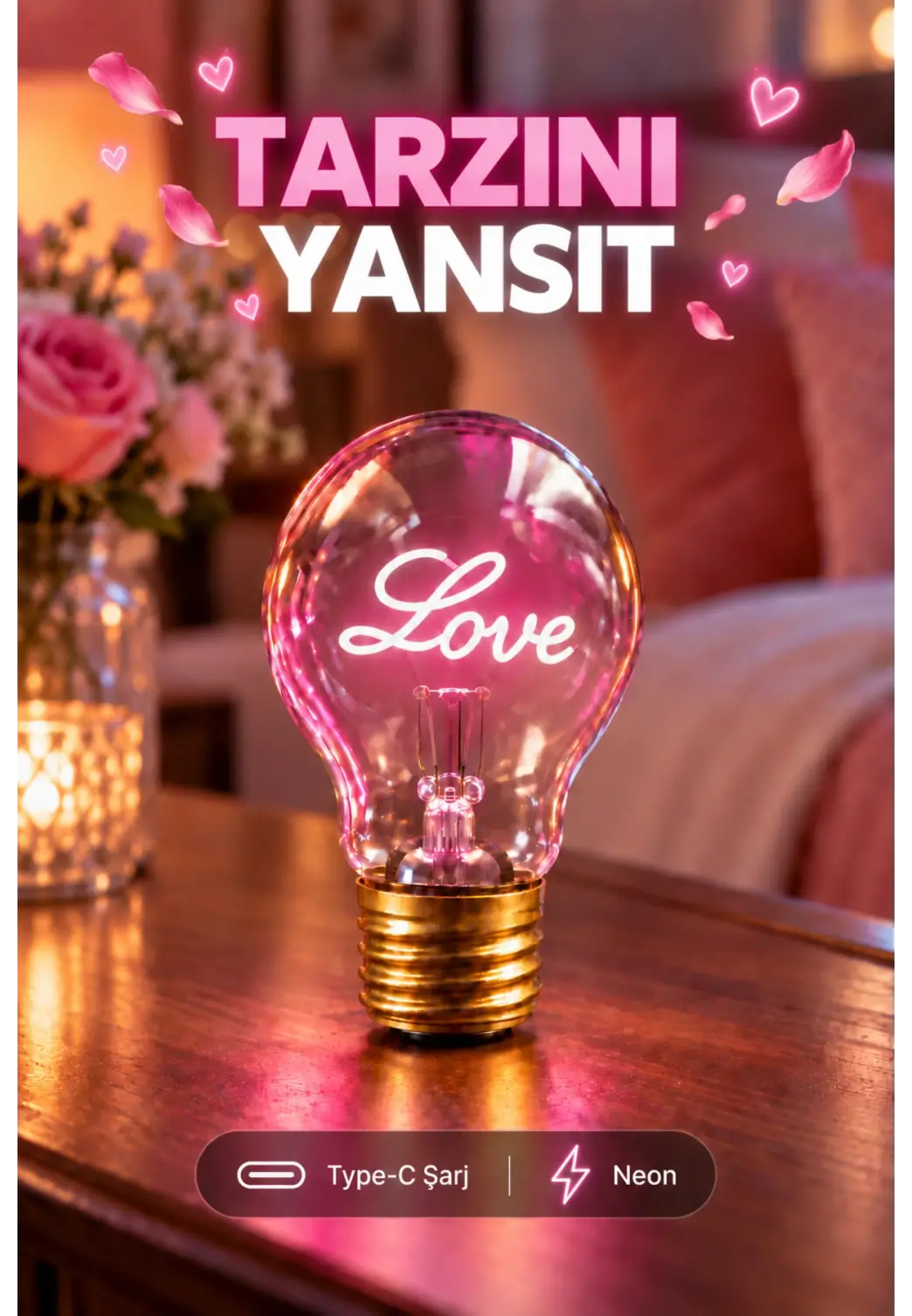 Love Neon Dekoratif Masa Lambası Ampul Şeklinde Yeni Nesil Aydınlatma Aşk