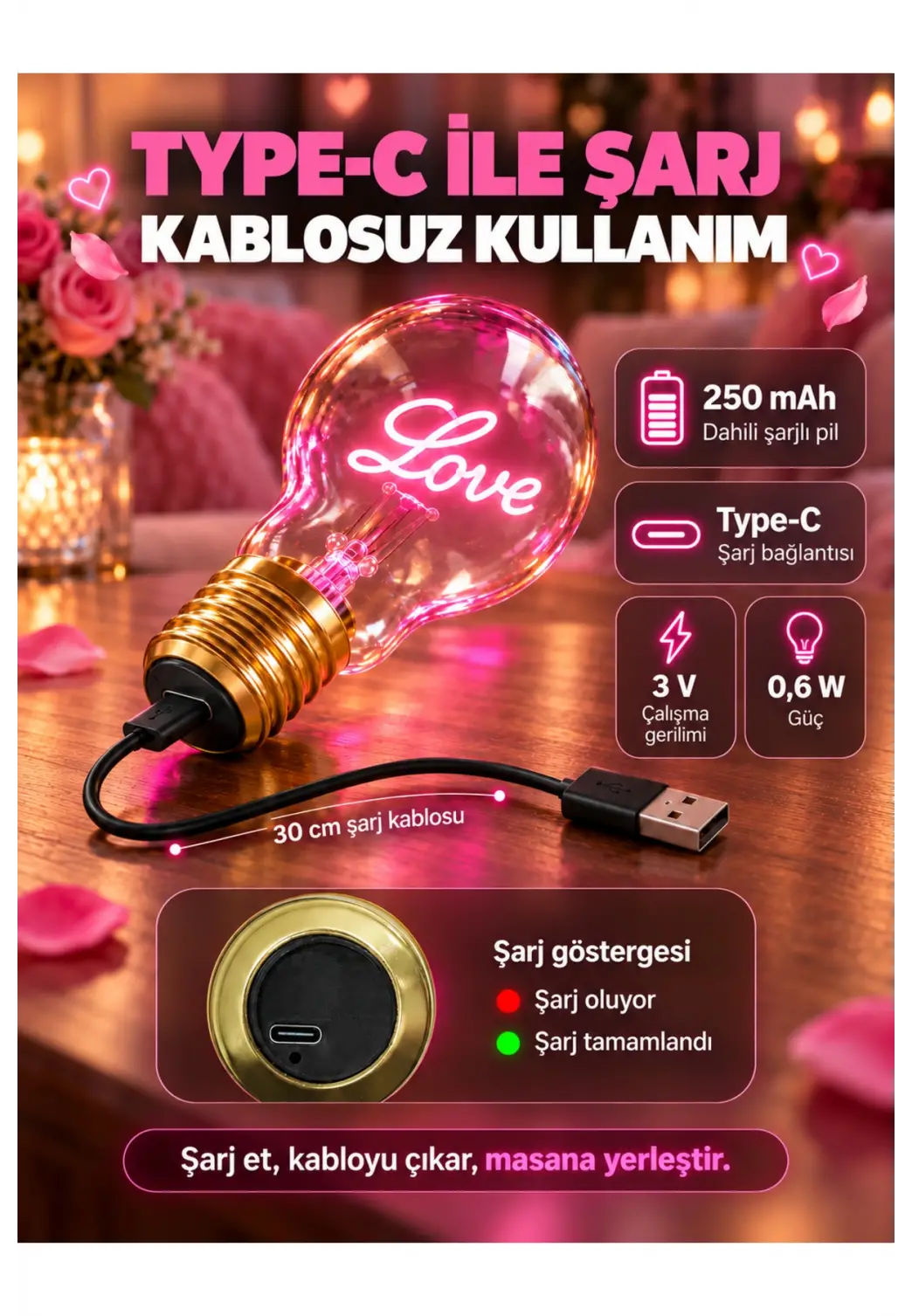 Love Neon Dekoratif Masa Lambası Ampul Şeklinde Yeni Nesil Aydınlatma Aşk