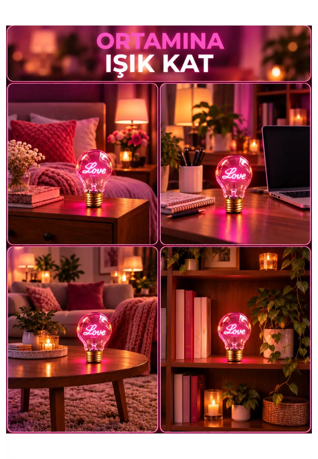 Love Neon Dekoratif Masa Lambası Ampul Şeklinde Yeni Nesil Aydınlatma Aşk