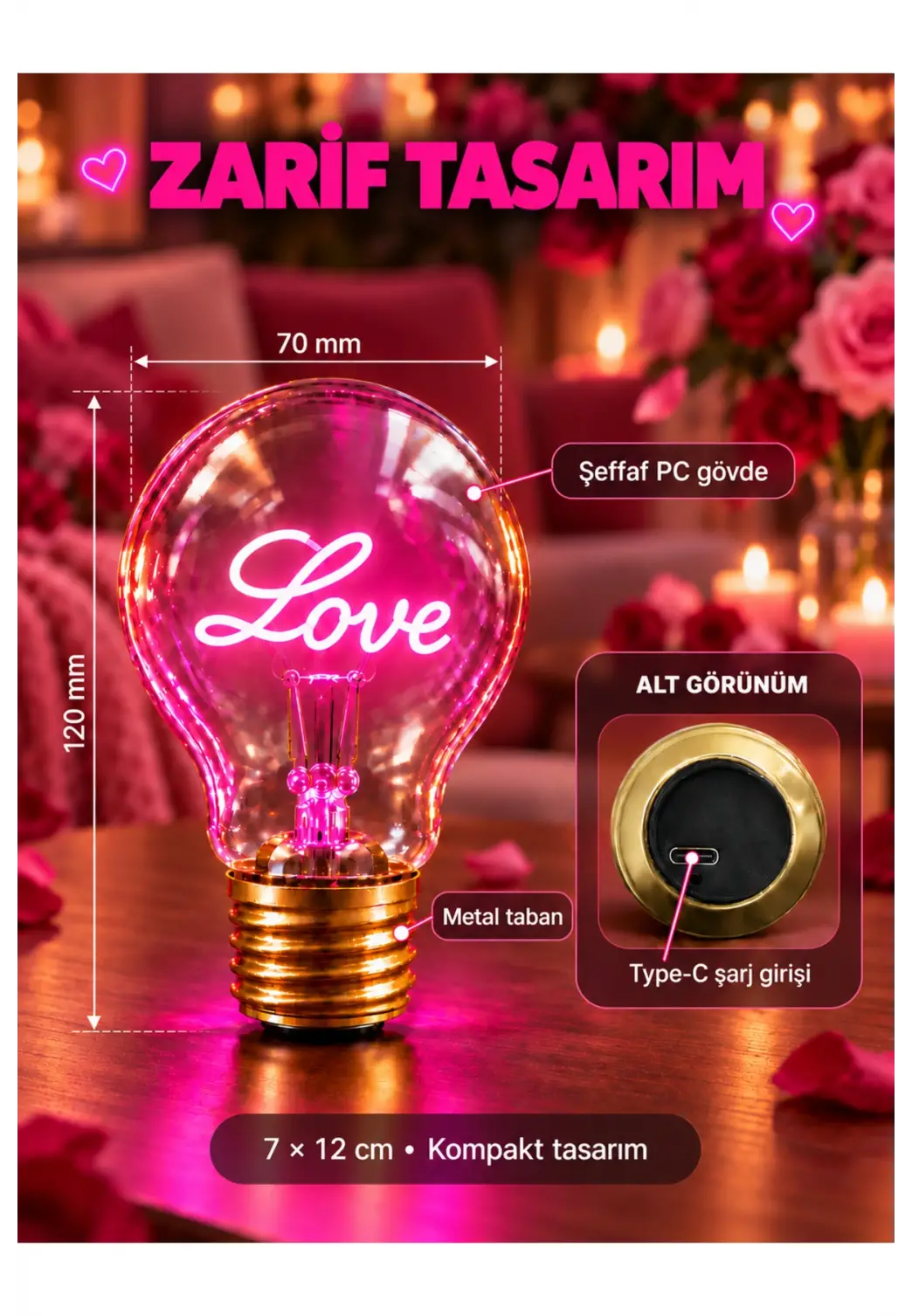 Love Neon Dekoratif Masa Lambası Ampul Şeklinde Yeni Nesil Aydınlatma Aşk