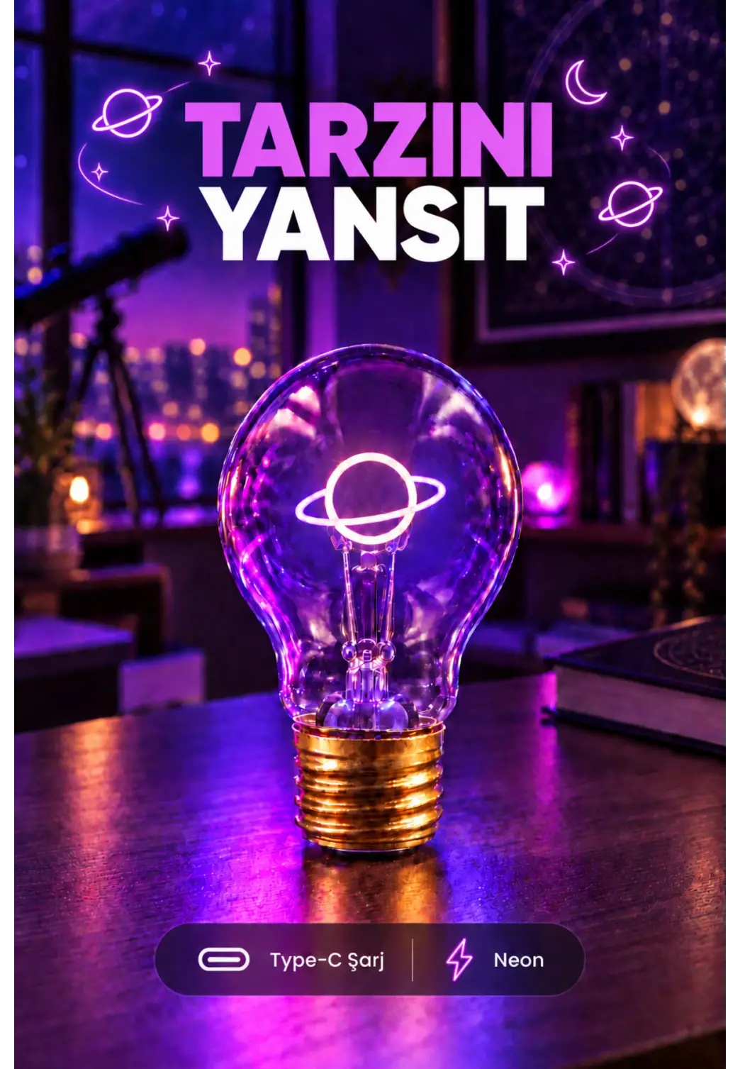 Gezegen Neon Dekoratif Masa Lambası Ampul Şeklinde Yeni Nesil Aydınlatma Satürn