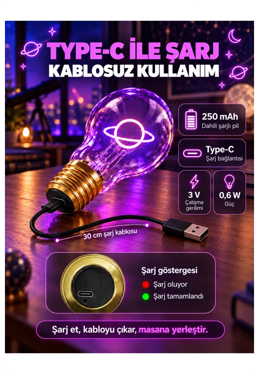 Gezegen Neon Dekoratif Masa Lambası Ampul Şeklinde Yeni Nesil Aydınlatma Satürn