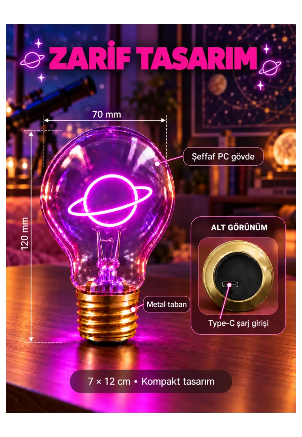 Gezegen Neon Dekoratif Masa Lambası Ampul Şeklinde Yeni Nesil Aydınlatma Satürn