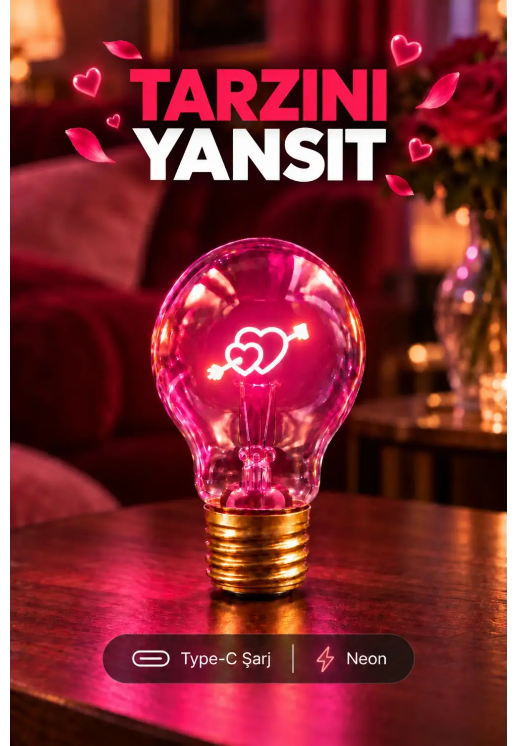Oklu Kalp Şeklinde Neon Dekoratif Masa Lambası Ampul Şeklinde Yeni Nesil Aydınlatma