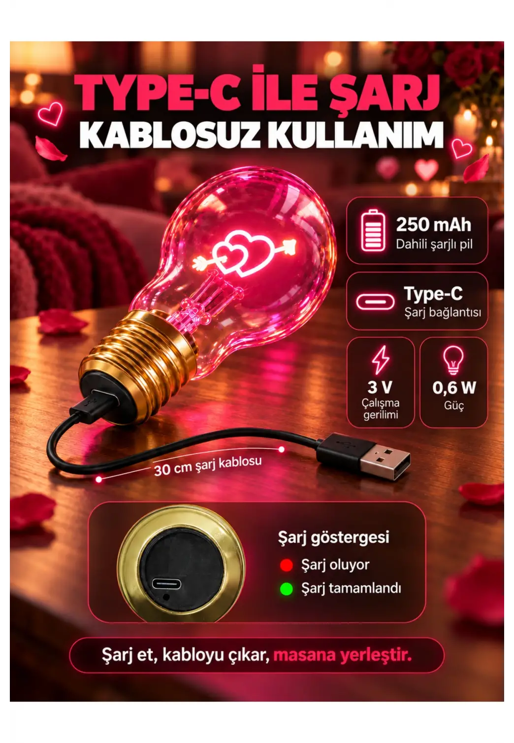 Oklu Kalp Şeklinde Neon Dekoratif Masa Lambası Ampul Şeklinde Yeni Nesil Aydınlatma