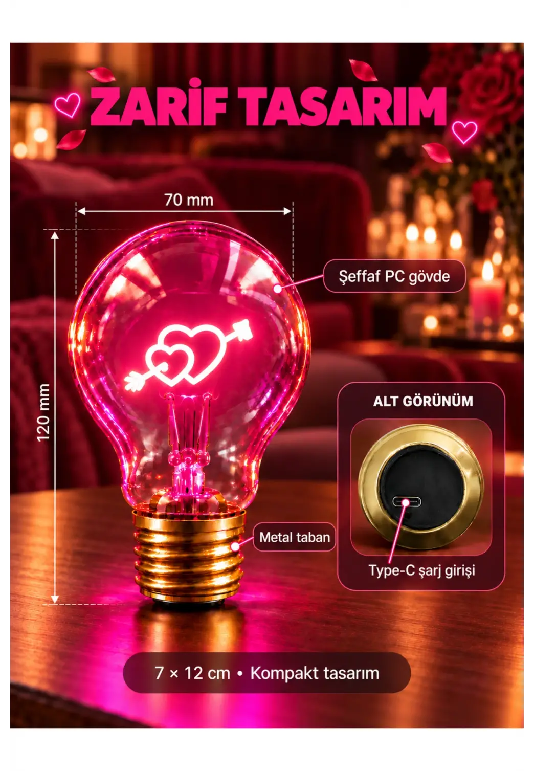 Oklu Kalp Şeklinde Neon Dekoratif Masa Lambası Ampul Şeklinde Yeni Nesil Aydınlatma