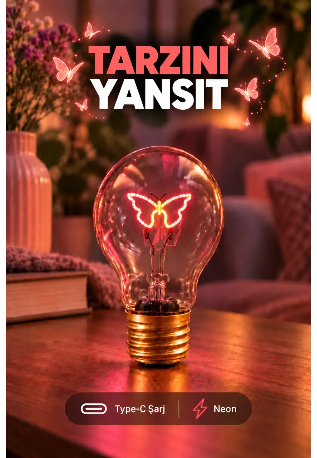 Kelebek Neon Dekoratif Masa Lambası Ampul Şeklinde Yeni Nesil Aydınlatma Pembe Kelebek