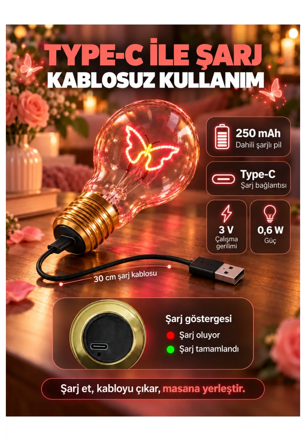Kelebek Neon Dekoratif Masa Lambası Ampul Şeklinde Yeni Nesil Aydınlatma Pembe Kelebek