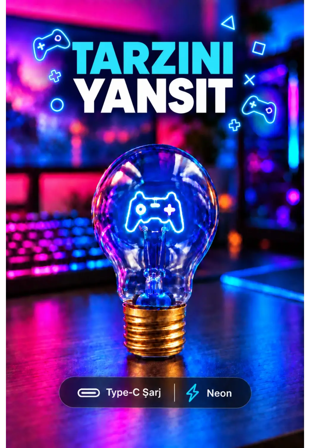 Joystick Neon Dekoratif Masa Lambası Ampul Şeklinde Yeni Nesil Aydınlatma Oyuncular İçin