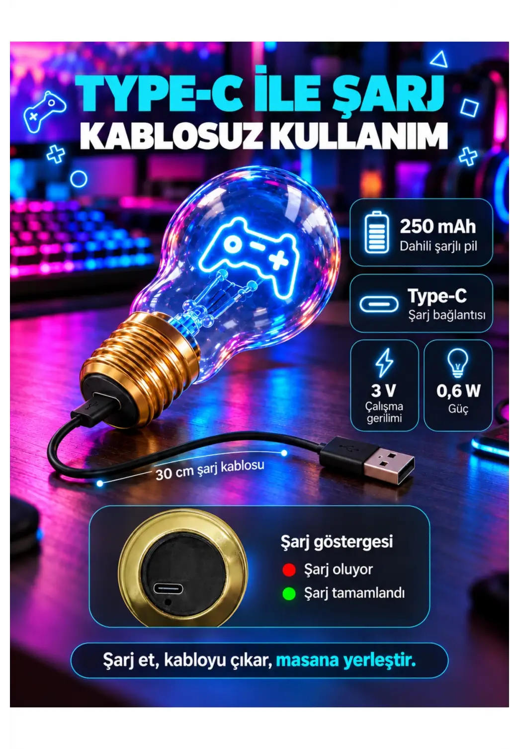 Joystick Neon Dekoratif Masa Lambası Ampul Şeklinde Yeni Nesil Aydınlatma Oyuncular İçin