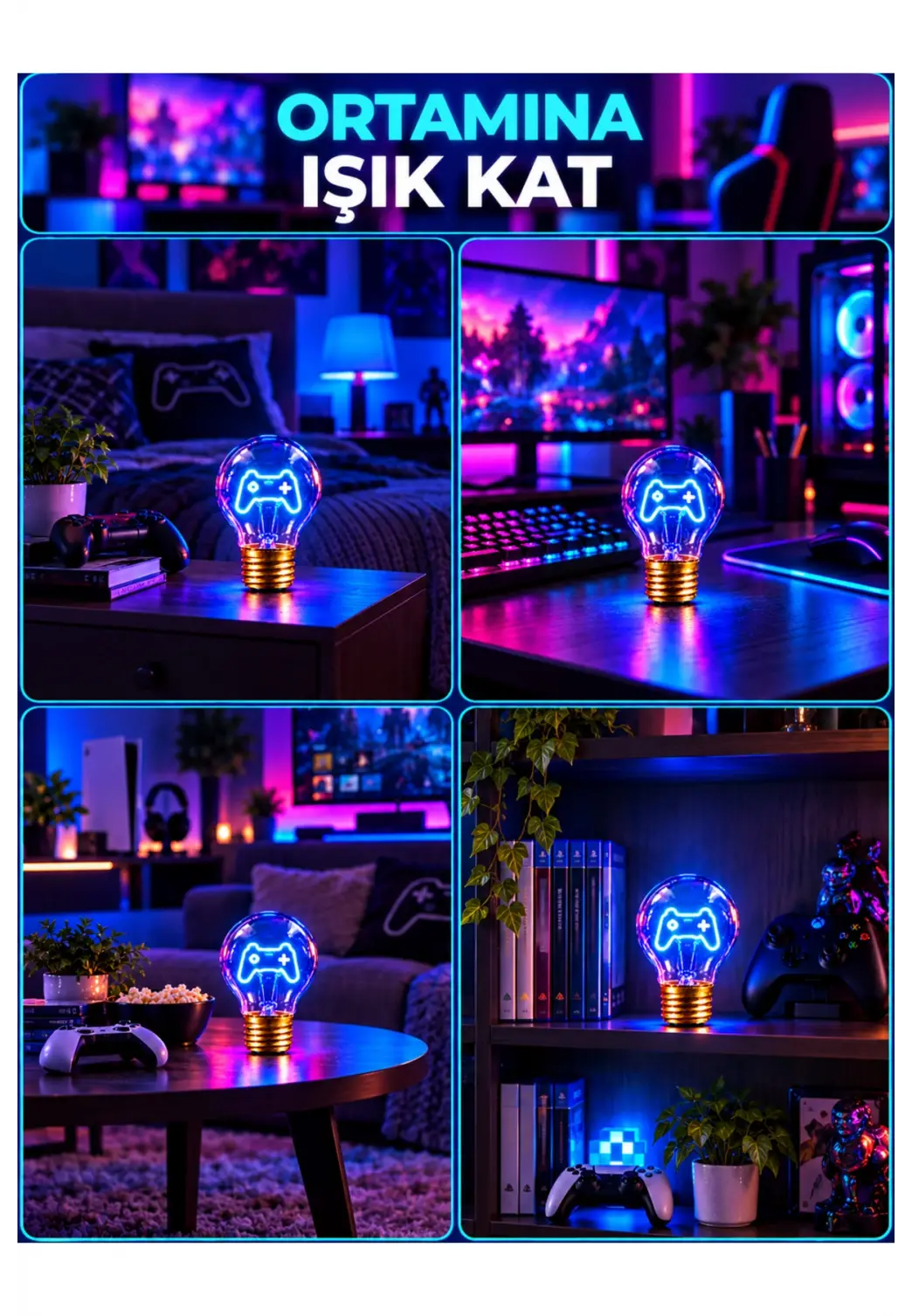 Joystick Neon Dekoratif Masa Lambası Ampul Şeklinde Yeni Nesil Aydınlatma Oyuncular İçin