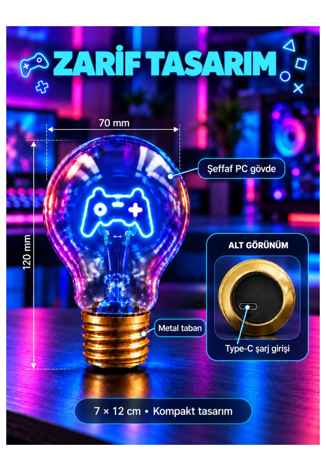 Joystick Neon Dekoratif Masa Lambası Ampul Şeklinde Yeni Nesil Aydınlatma Oyuncular İçin
