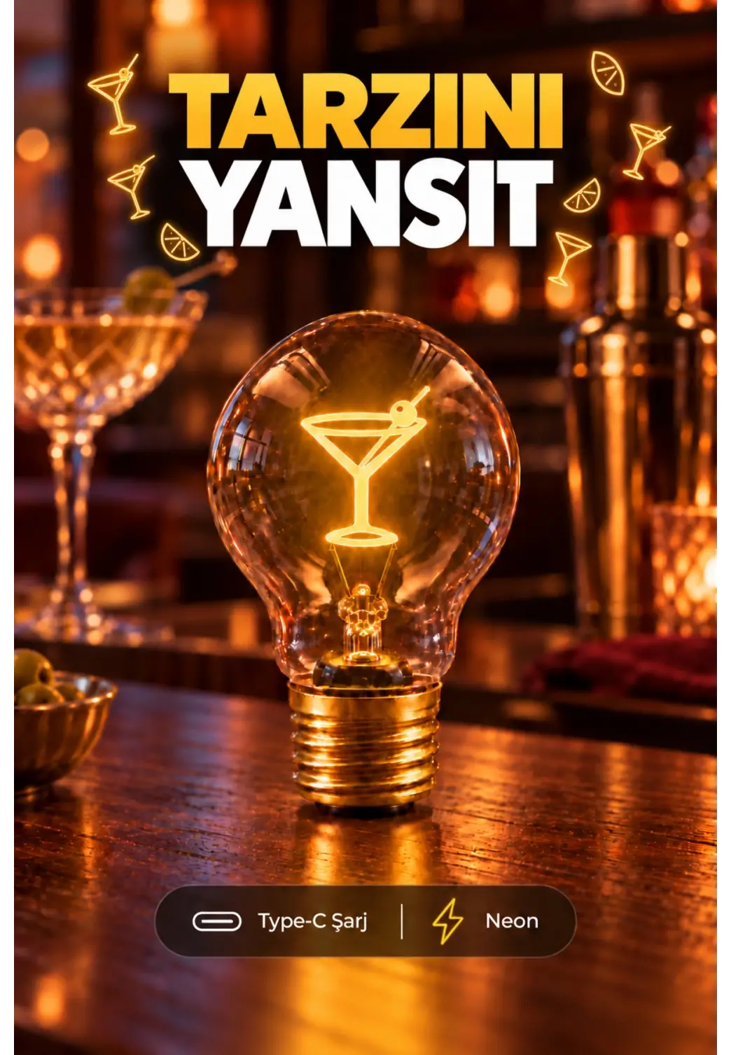 Kokteyl Şeklinde Neon Dekoratif Masa Lambası Ampul Şeklinde Yeni Nesil Aydınlatma