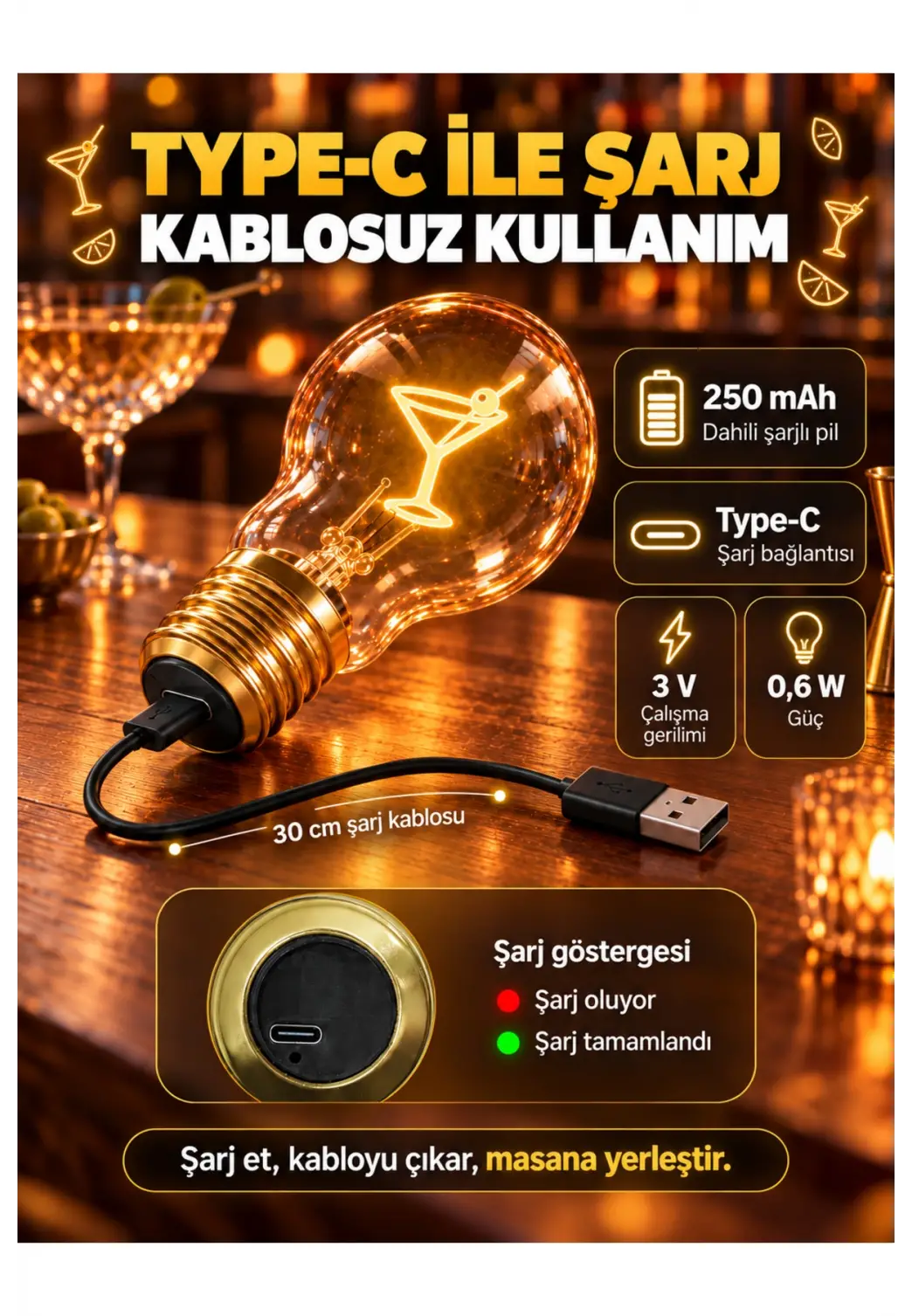 Kokteyl Şeklinde Neon Dekoratif Masa Lambası Ampul Şeklinde Yeni Nesil Aydınlatma