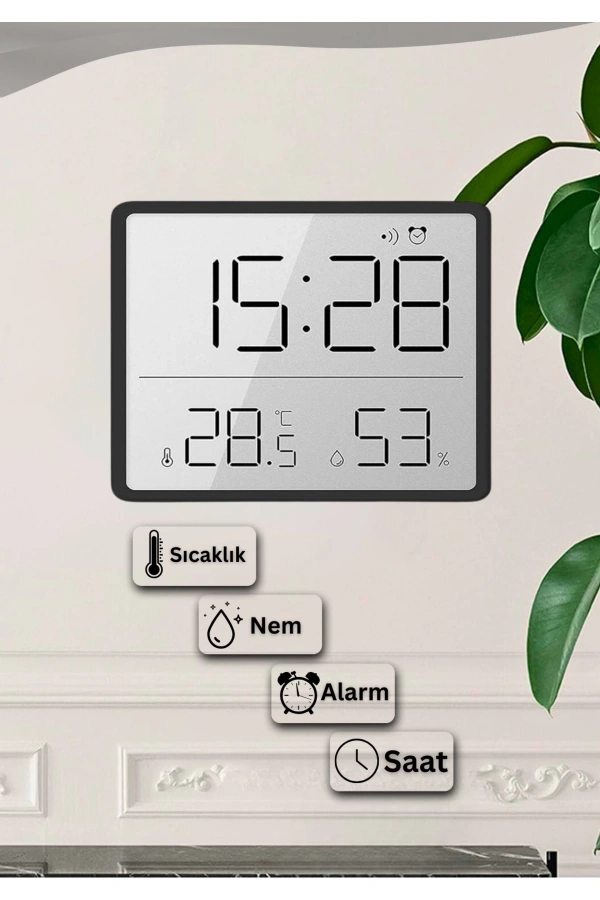 Dijital Duvar Saati Termometre Sıcaklık Ve Nem Ölçer Masa Saati Alarm LCD Ekran Duvara Takılır SİYAH