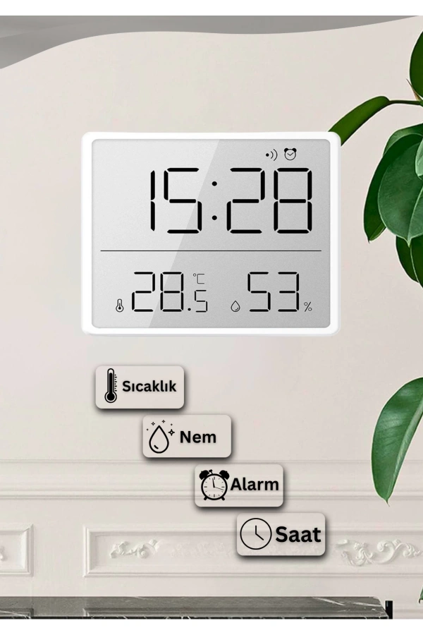 Dijital Duvar Saati Termometre Sıcaklık Ve Nem Ölçer Masa Saati Alarm LCD Ekran Duvara Takılır BEYAZ
