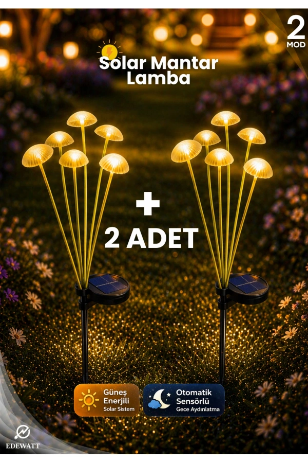 2 ADET Dekoratif Mantar Görünümlü 6lı SOLAR LED Lamba Güneş Enerjilli Su Geçirmez Bahçe Aydınlatma